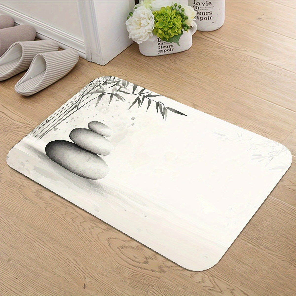 Tapis de salle de bain, galets et bambou à 'encre