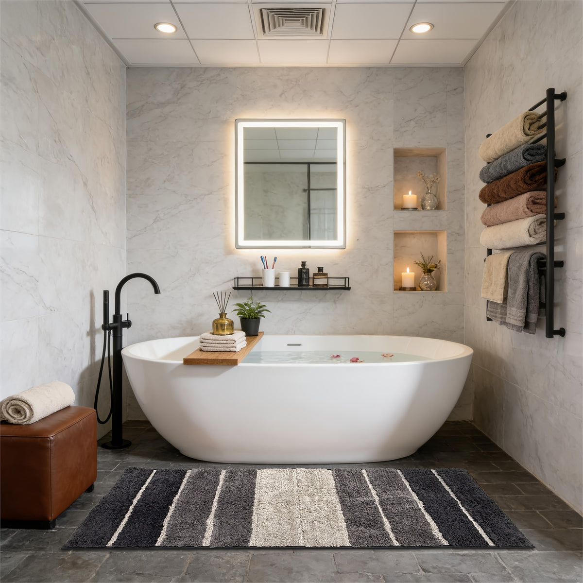 Tapis de salle de bain long à rayures fondues