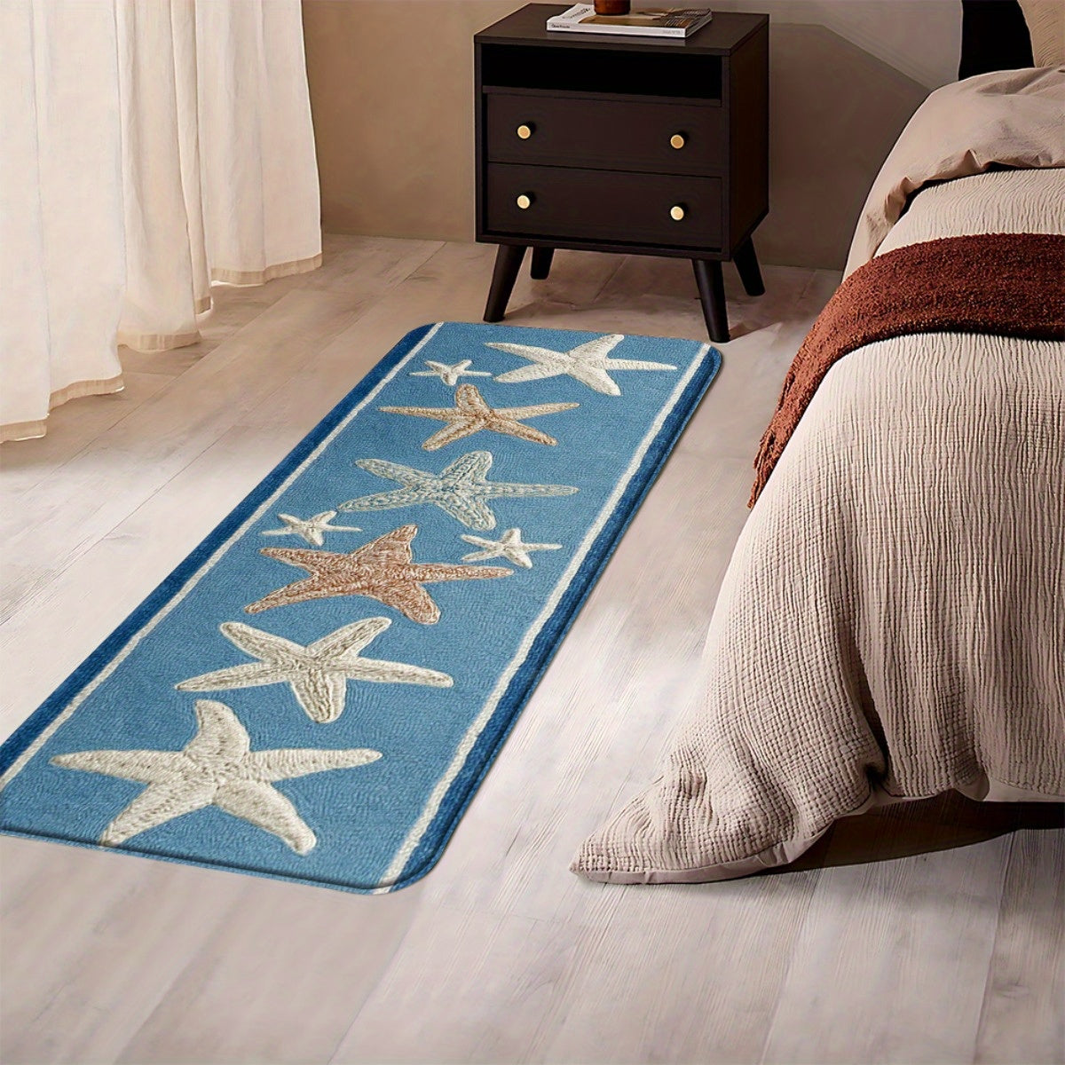 Tapis de salle de bain long, étoiles de mer brodées