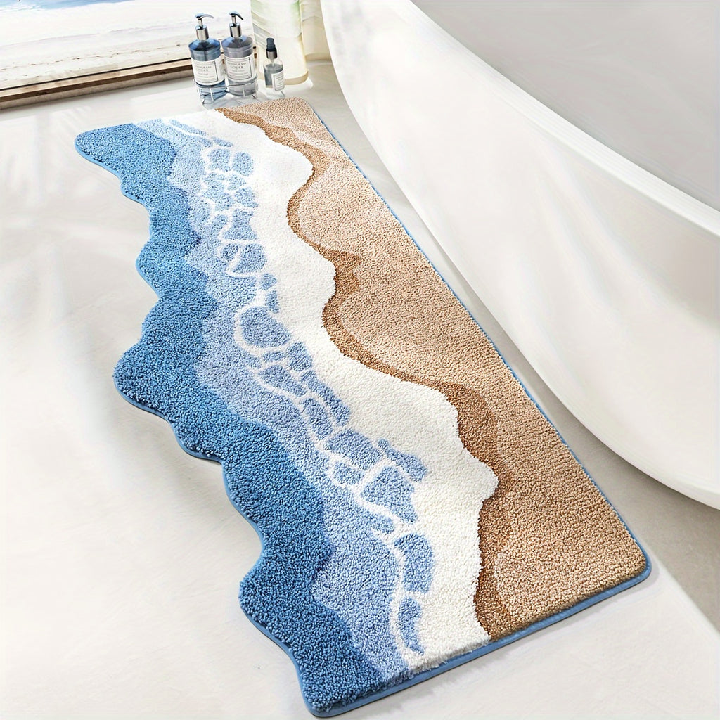 Tapis de salle de bain long motif vague, moelleux