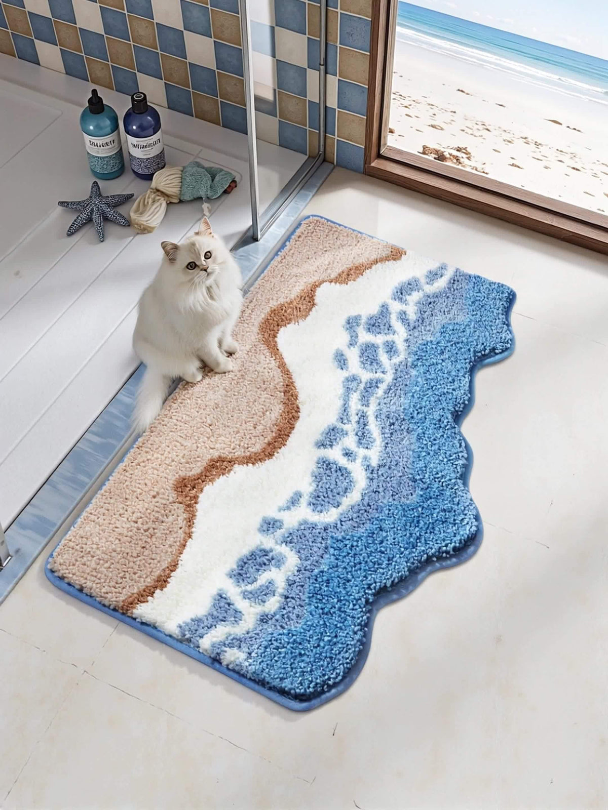 Tapis de salle de bain long motif vague, moelleux