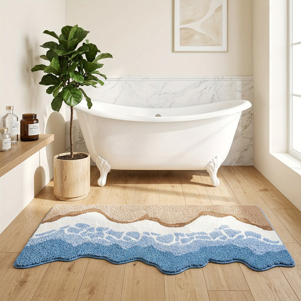 Tapis de salle de bain long motif vague, moelleux
