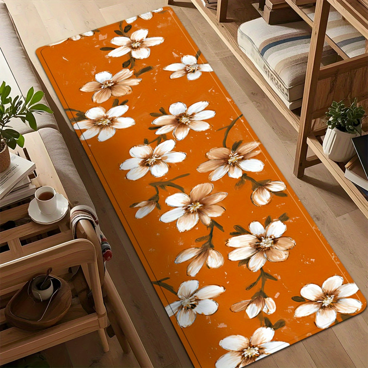 Tapis de salle de bain long, branches fleuries peintes