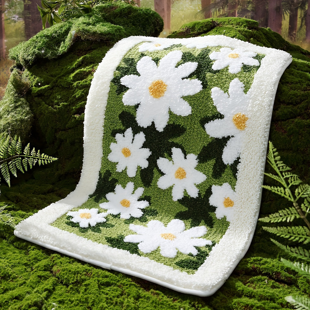 Tapis de salle de bain à marguerites, dos quadrillé