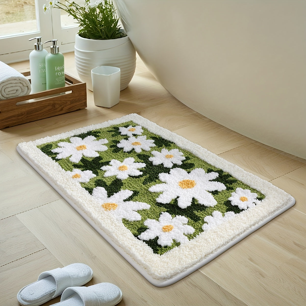 Tapis de salle de bain à marguerites, dos quadrillé