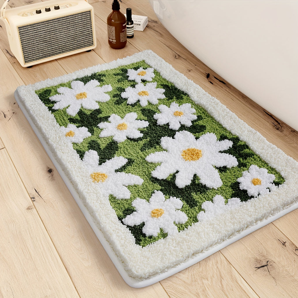 Tapis de salle de bain à marguerites, dos quadrillé
