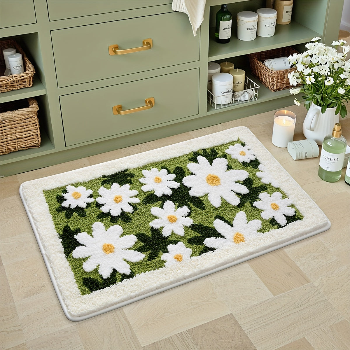 Tapis de salle de bain à marguerites, dos quadrillé