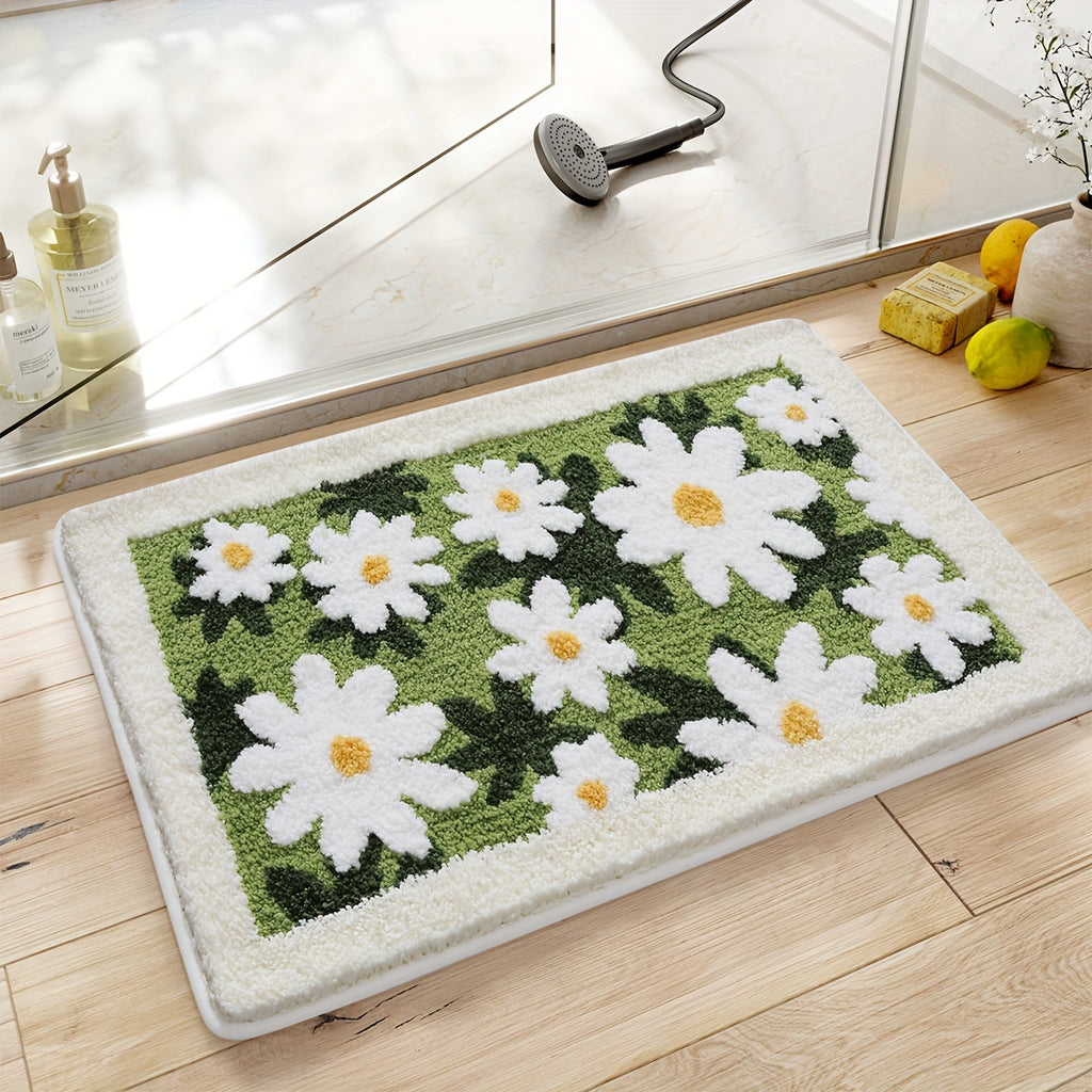 Tapis de salle de bain à marguerites, dos quadrillé