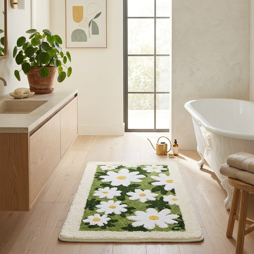 Tapis de salle de bain à marguerites, dos quadrillé