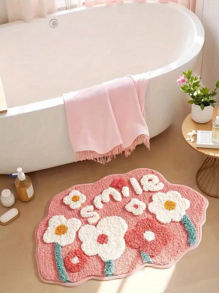 Tapis de salle de bain à message Smile, découpe festonnée