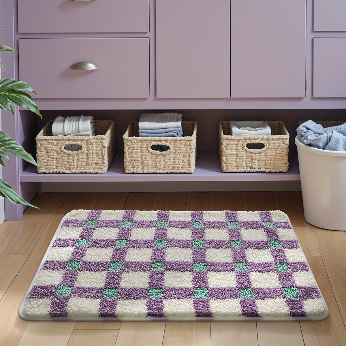 Tapis de salle de bain moelleux à carreaux, deux