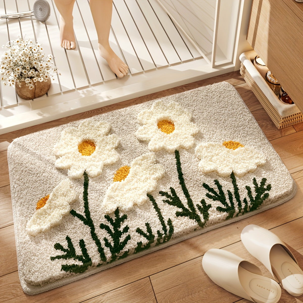 Tapis de salle de bain moelleux à marguerites en relief