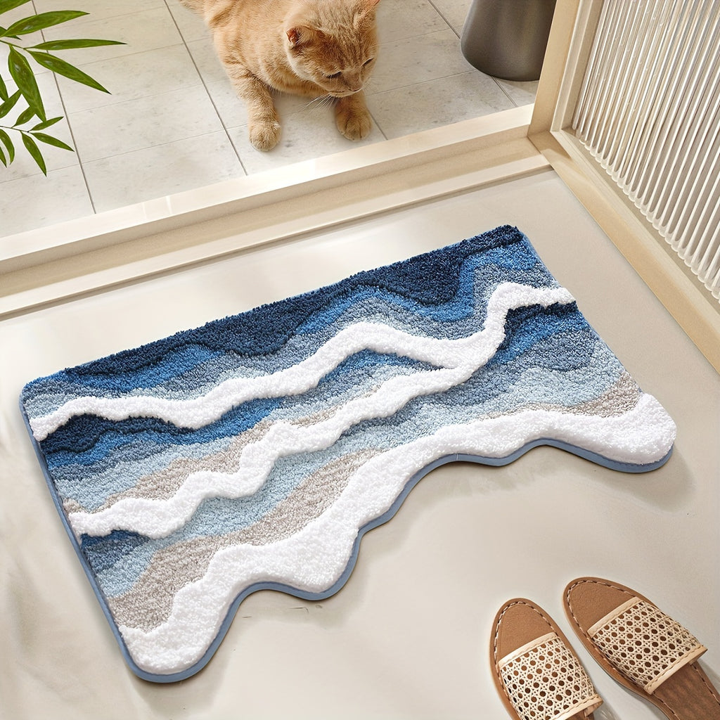 Tapis de salle de bain moelleux, motif vagues