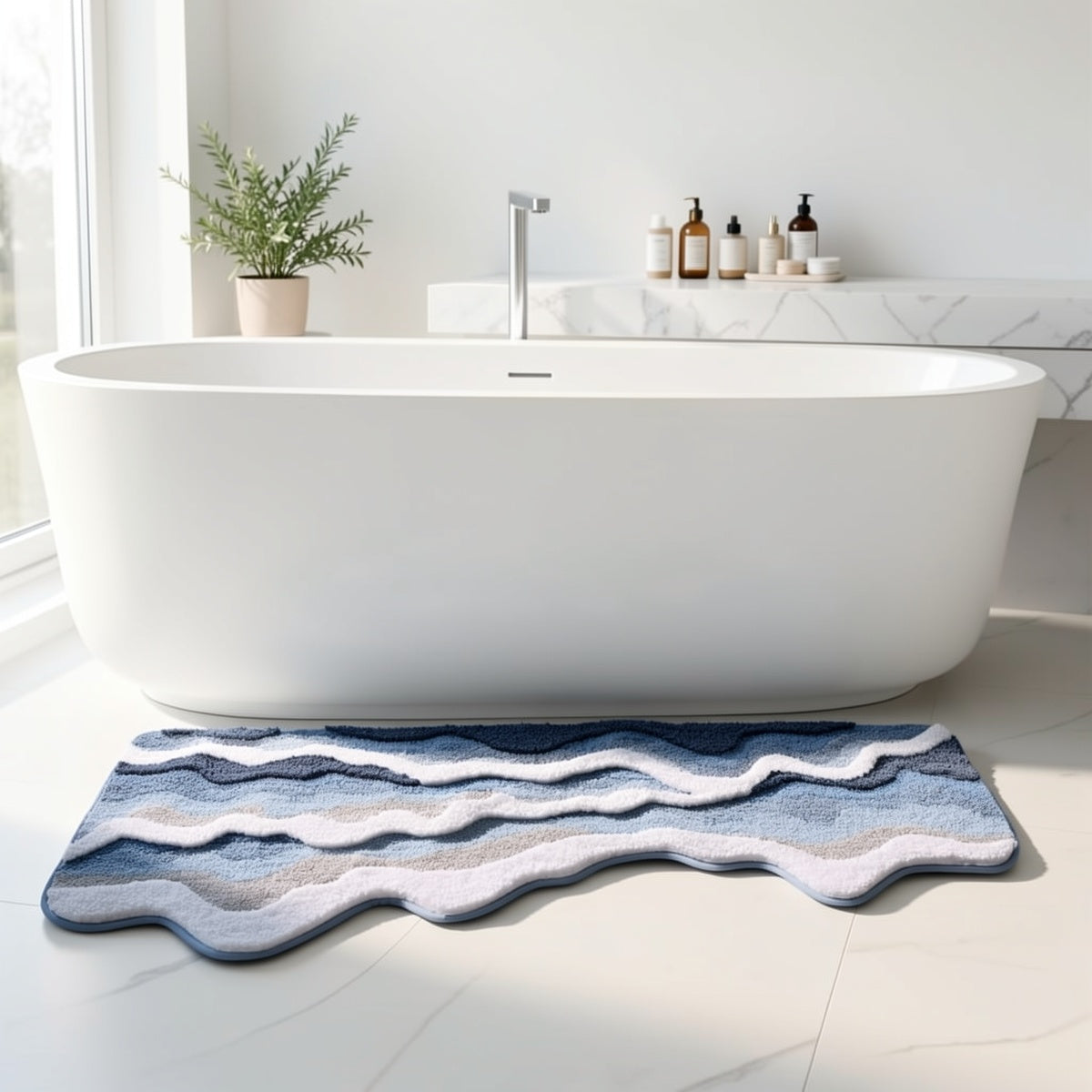 Tapis de salle de bain moelleux, motif vagues