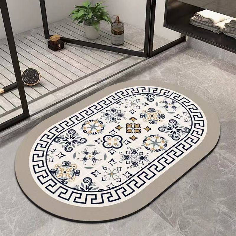 Tapis de salle de bain ovale absorbant, carreaux de ciment