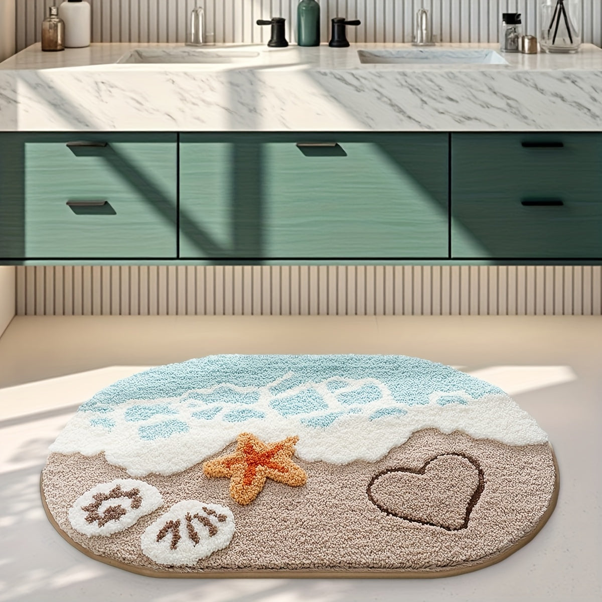 Tapis de salle de bain ovale motif plage, tufté et épais