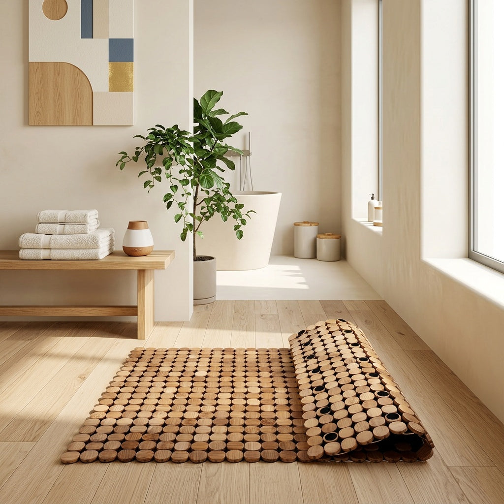 Tapis de bain à rondelles de bambou enfilées