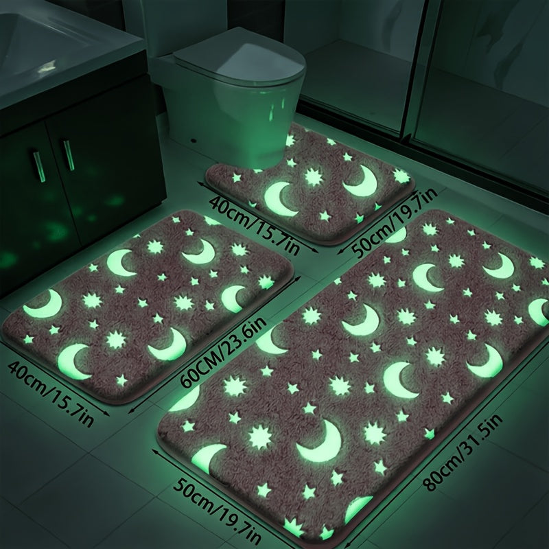 Tapis de salle de bain phosphorescent, lot de 3 en flanelle