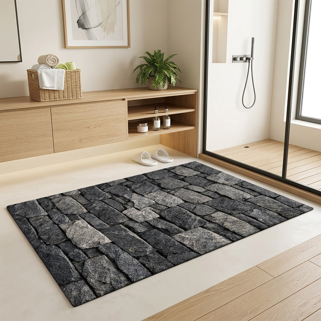 Tapis de salle de bain, mur de pierre empilée