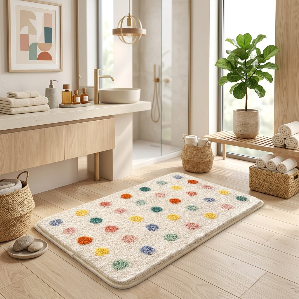 Tapis de salle de bain à pois colorés, épais et doux