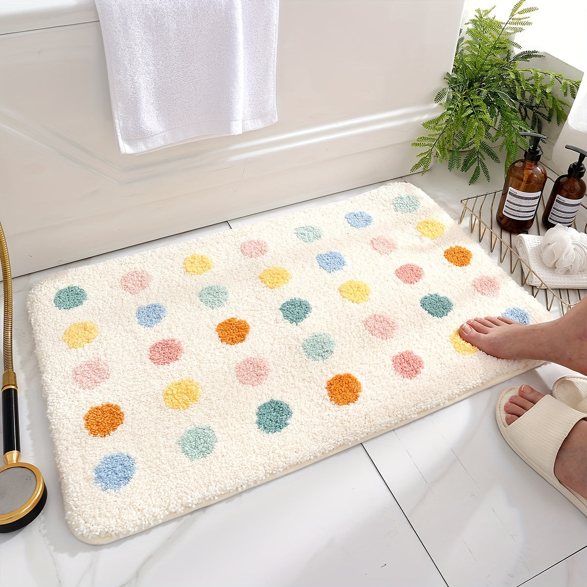 Tapis de salle de bain à pois colorés, épais et doux