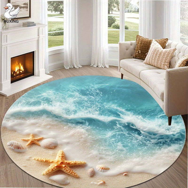 Tapis de salle de bain rond, décor de plage et étoiles de mer
