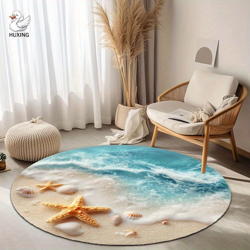 Tapis de salle de bain rond, décor de plage et étoiles de mer