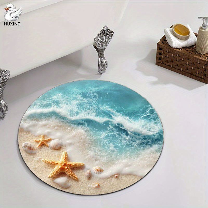 Tapis de salle de bain rond, décor de plage et étoiles de mer