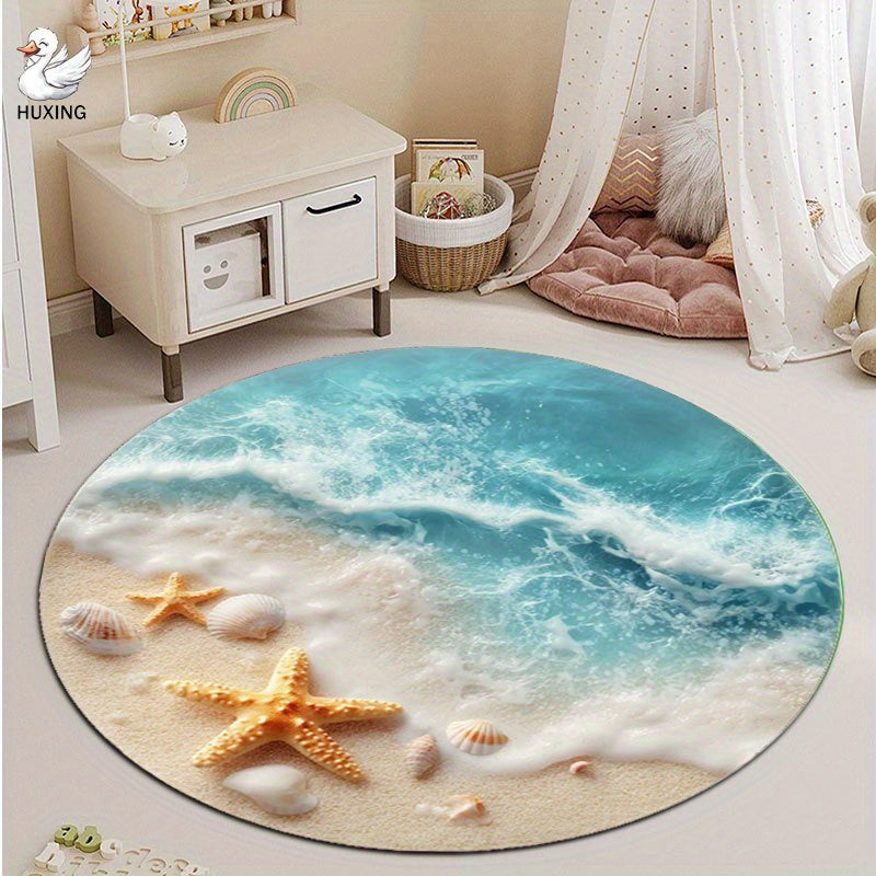 Tapis de salle de bain rond, décor de plage et étoiles de mer