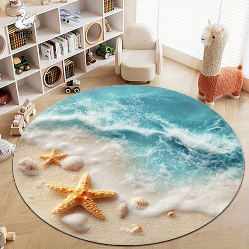 Tapis de salle de bain rond, décor de plage et étoiles de mer