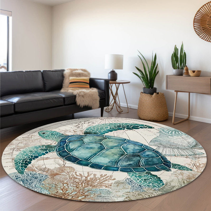 Tapis de salle de bain rond, tortue de mer peinte en aquarelle