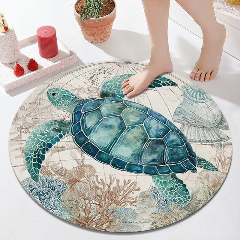Tapis de salle de bain rond, tortue de mer peinte en aquarelle