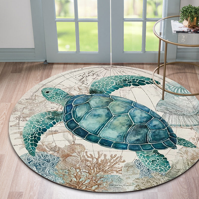 Tapis de salle de bain rond, tortue de mer peinte en aquarelle