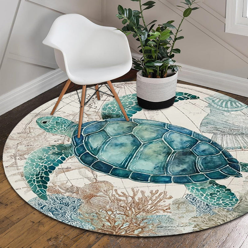 Tapis de salle de bain rond, tortue de mer peinte en aquarelle