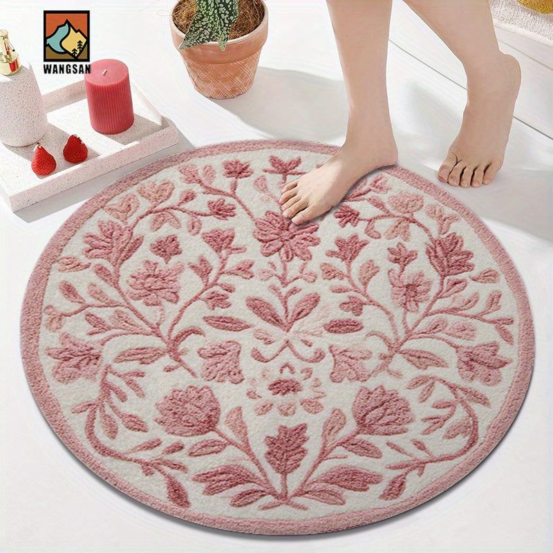 Tapis de salle de bain rond tufté, fleurs en relief