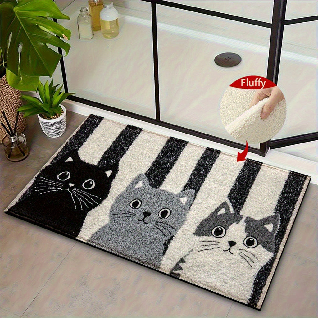 Tapis de salle de bain motif trois chats et rayures écrues