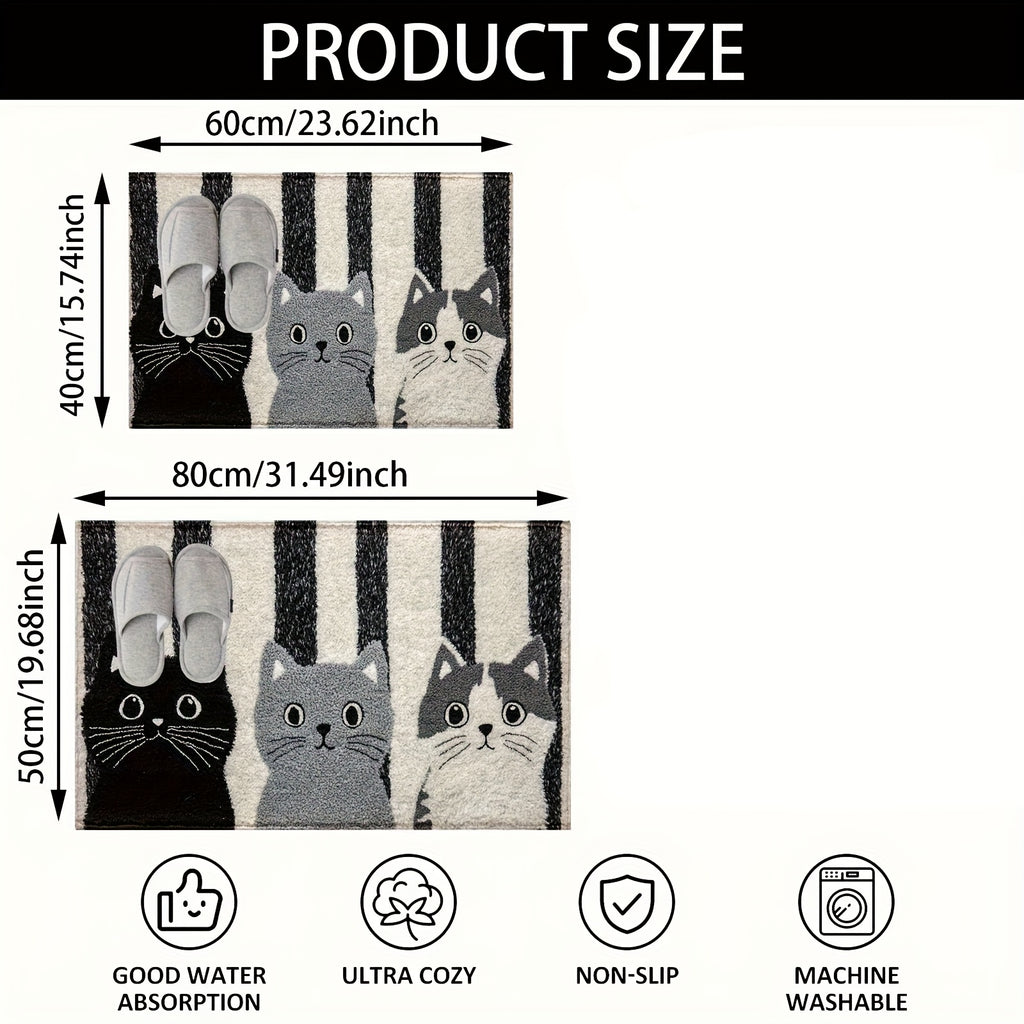 Tapis de salle de bain motif trois chats et rayures écrues