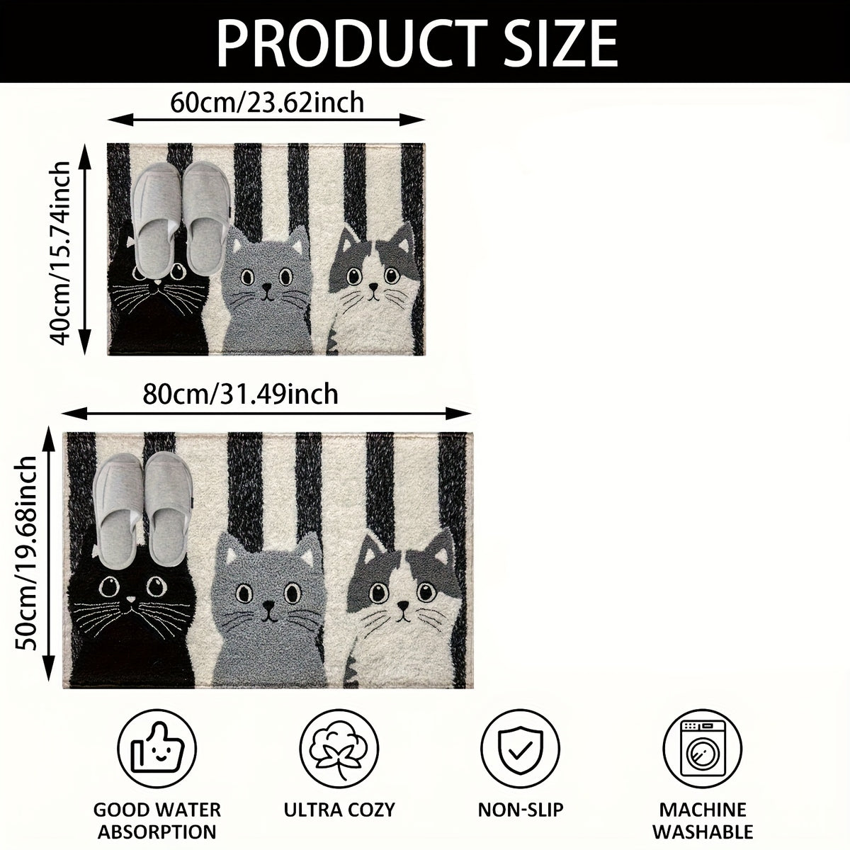 Tapis de salle de bain motif trois chats et rayures écrues