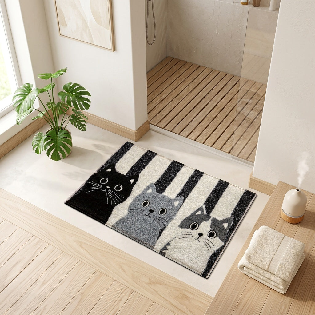 Tapis de salle de bain motif trois chats et rayures écrues
