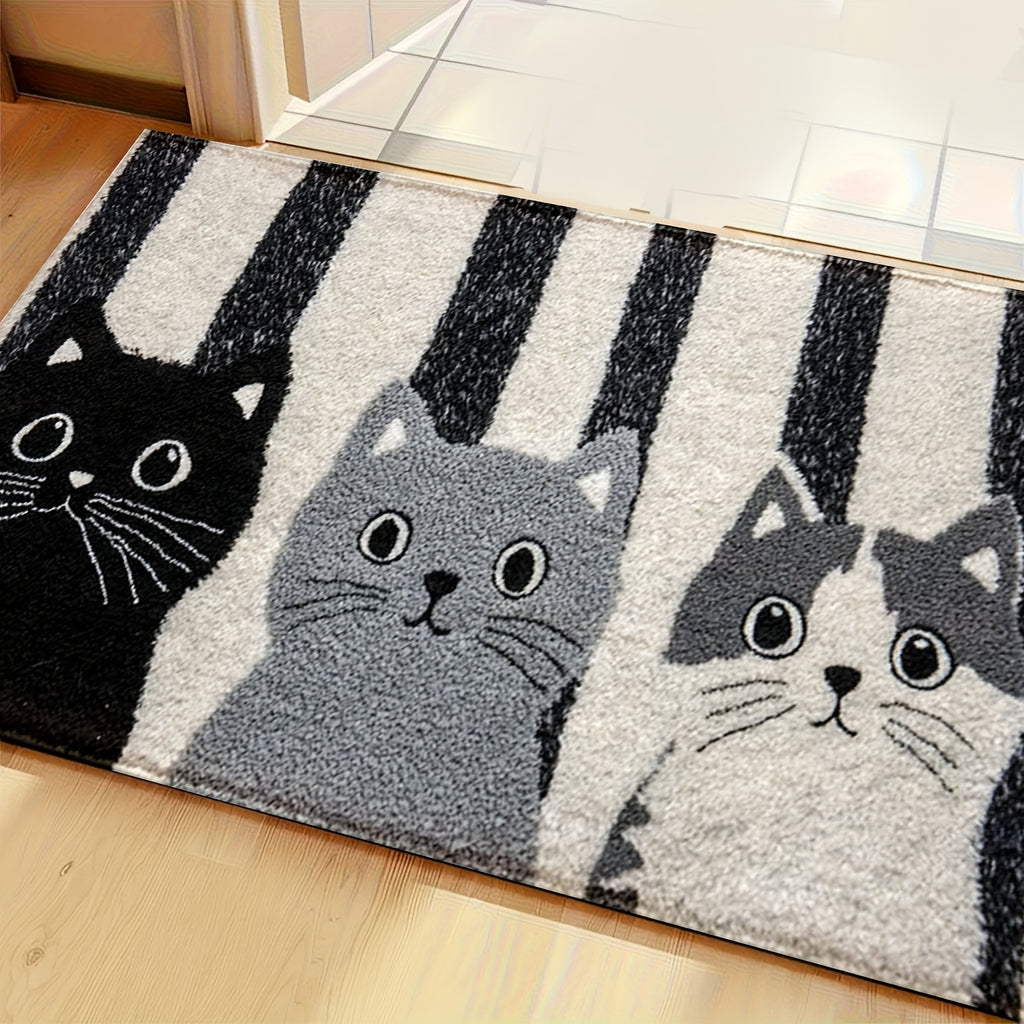 Tapis de salle de bain motif trois chats et rayures écrues