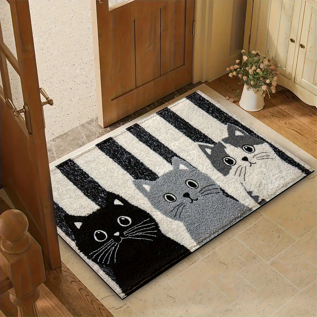Tapis de salle de bain motif trois chats et rayures écrues