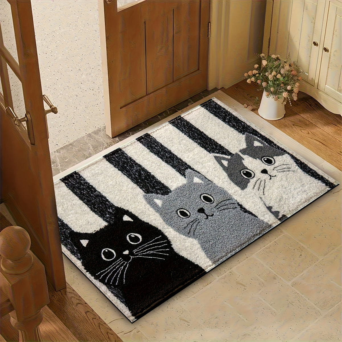 Tapis de salle de bain motif trois chats et rayures écrues