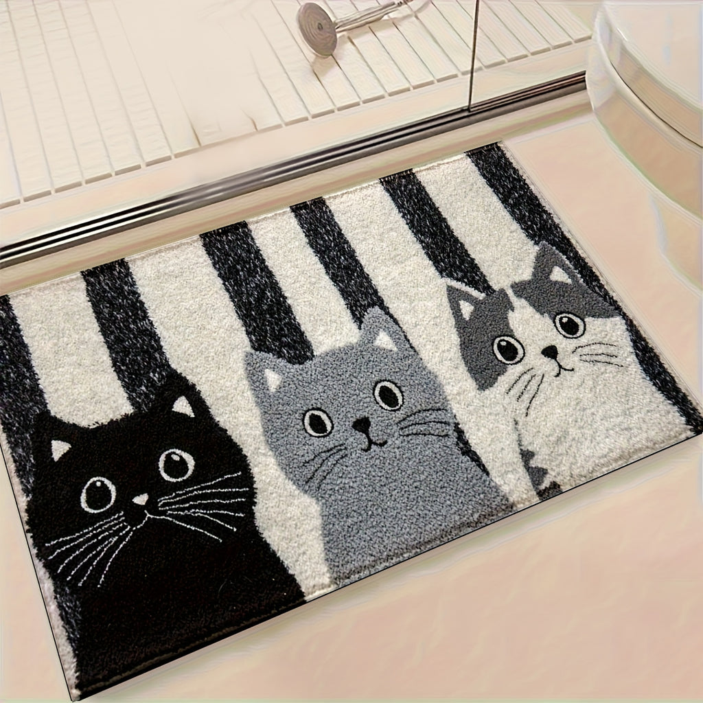 Tapis de salle de bain motif trois chats et rayures écrues