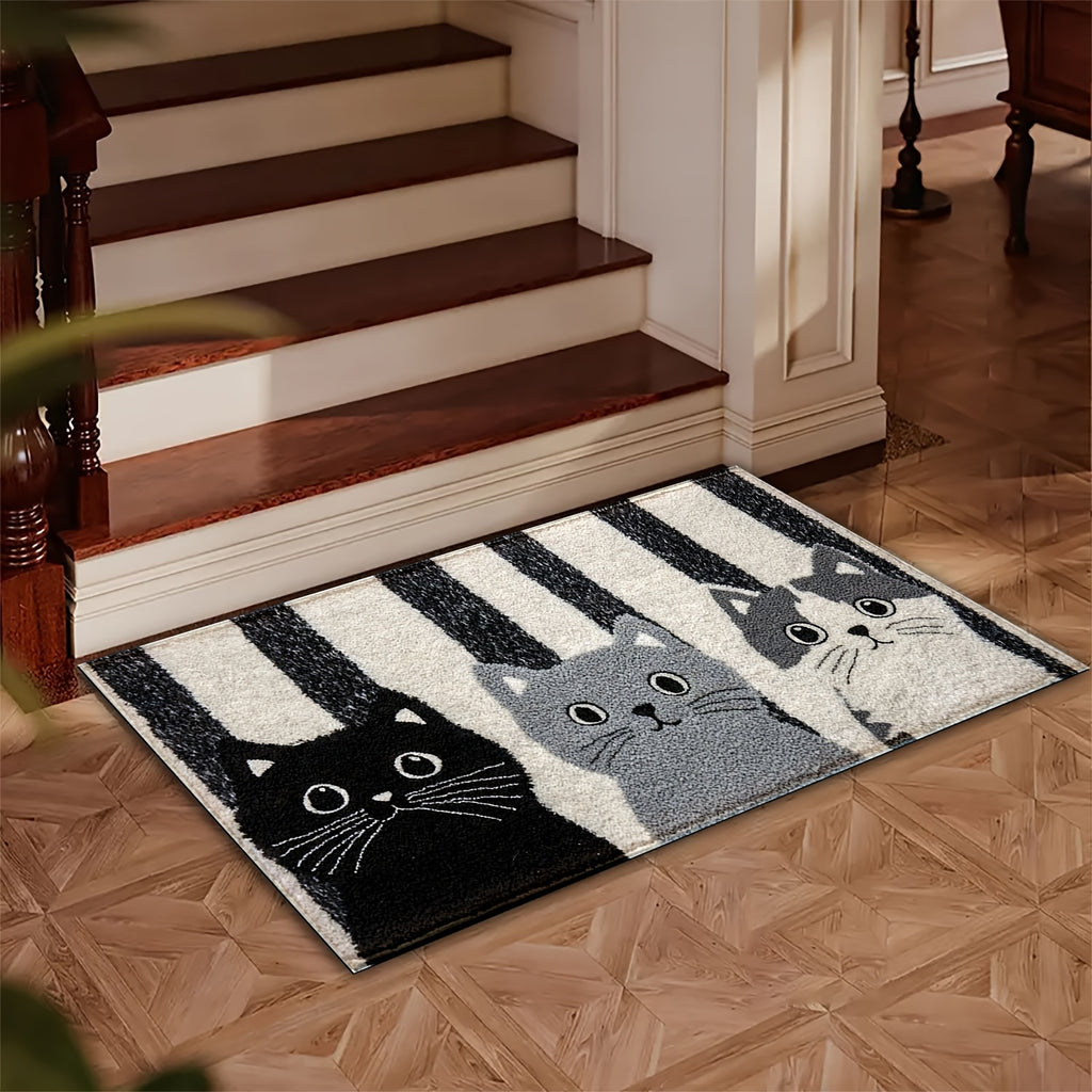 Tapis de salle de bain motif trois chats et rayures écrues