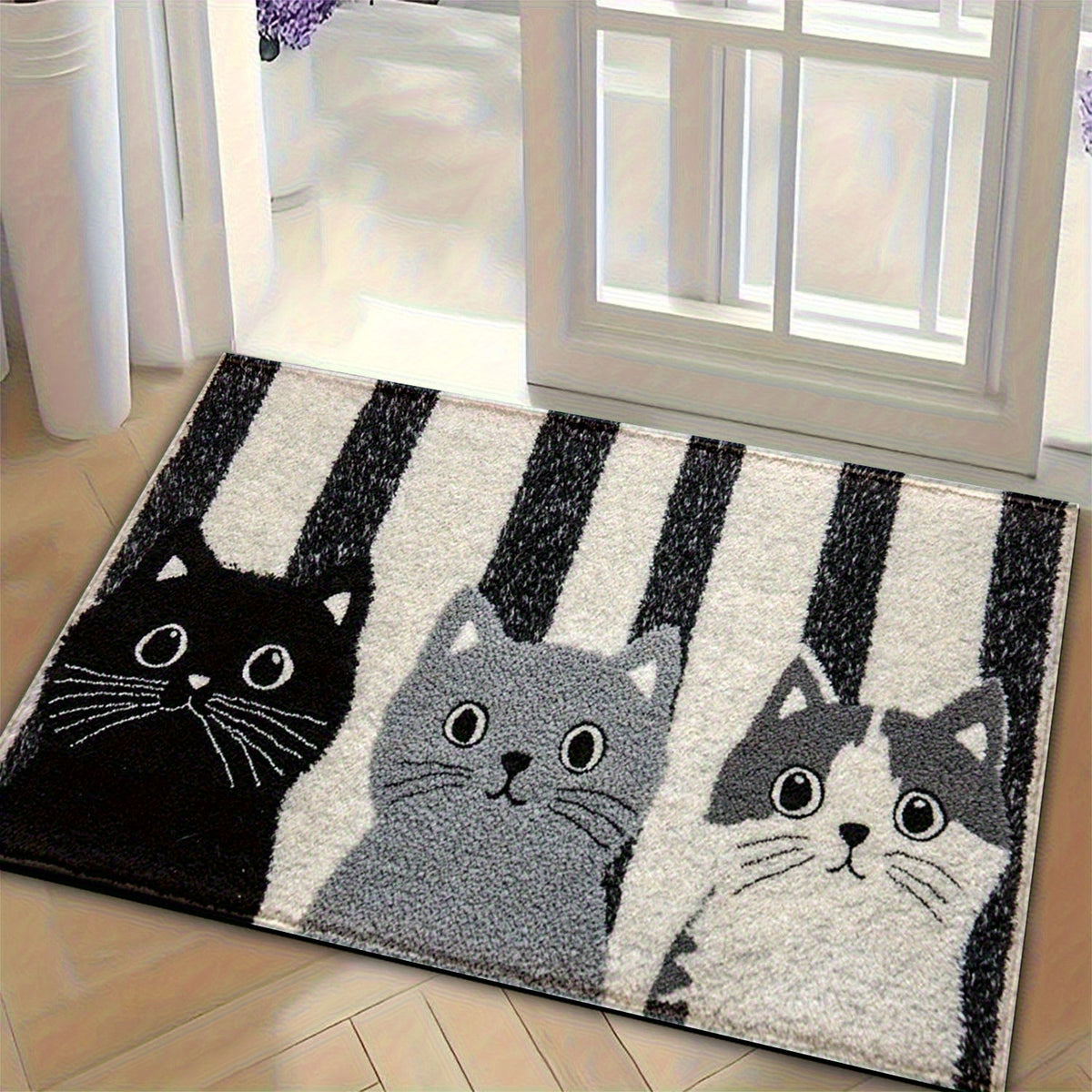 Tapis de salle de bain motif trois chats et rayures écrues