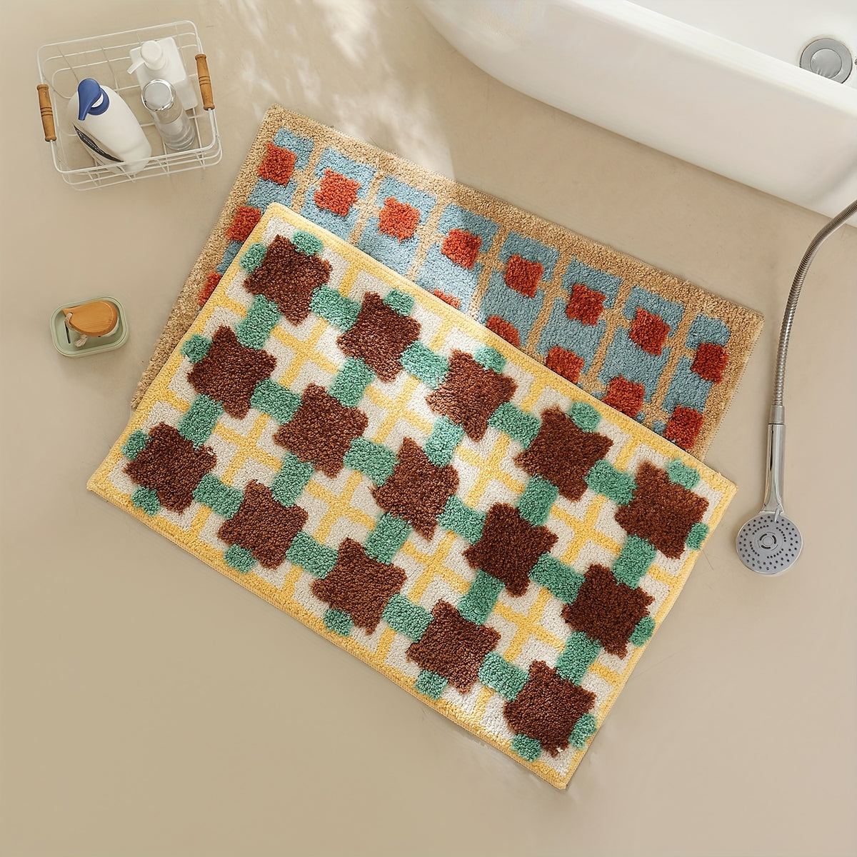 Tapis de salle de bain tufté, gros carreaux en relief