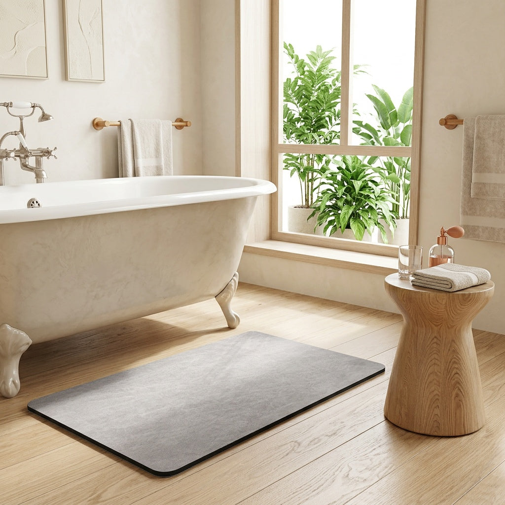Tapis de salle de bain uni effet daim, dos en caoutchouc
