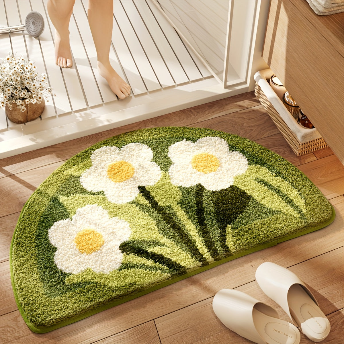 Tapis de salle de bain marguerites, demi-lune