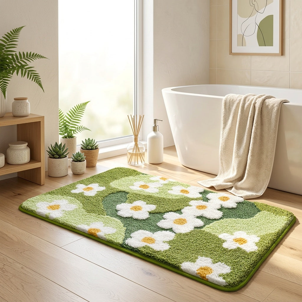 Tapis de salle de bain à marguerites tuftées en relief
