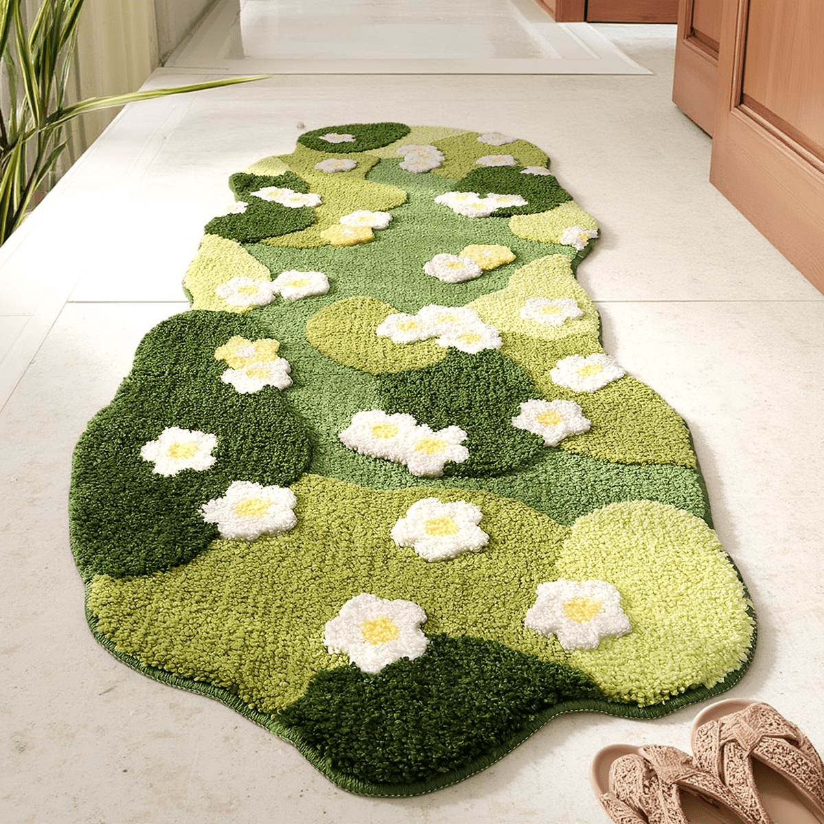 Tapis de salle de bain mousse fleuri, forme nuage tuftée